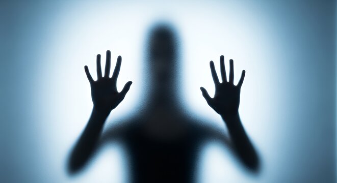 Silhouette of Person Pressing Glass Wall with Hands in Blue Light Mood