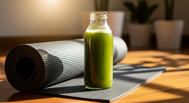 Healthy Green Juice Bottle on Yoga Mat with Rolled Exercise Mat in Sunlight - Powered by Adobe