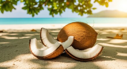 Coconut & slices on beach sand under foliage. Turquoise sea. Bright sunny day