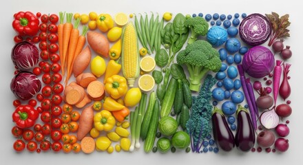 Colorful assortment of various vegetables arranged in a rainbow pattern