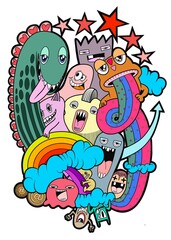 Hand-drawn illustrations, monsters doodle, Hand Drawn cartoon monster illustration,Cartoon crowd doodle hand-drawn Doodle style.