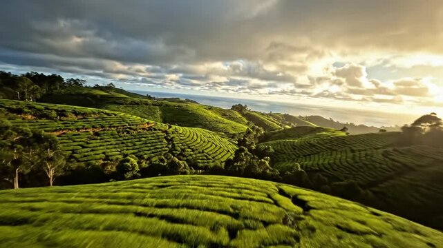 Green tea plantation landscape under cloudy sky with sunlight and natural environment scenery