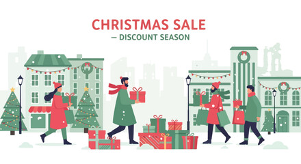 Adobe illustrator artwork vector illustration. People shopping on a festive street for Christmas sale, featuring snowy city and discount season banner