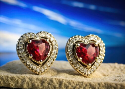 Elegant heart-shaped ruby earrings sparkle on a velvet display stand against a romantic red backdrop
