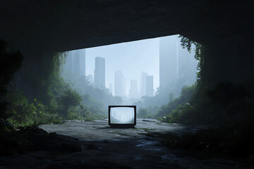 dystopian utopia, old tv shows idyllic future amidst decay, nostalgic vibe