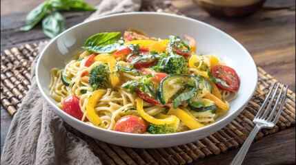 Vibrant Italian Lemon Garlic Pasta Primavera with Yellow Pepper Zucchini Broccoli and Cherry Tomatoes Tossed in a Light Cream Sauce Garnished with Fresh Basil Served in a White Bowl on a Bamboo Mat