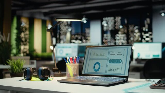 High end empty workspace features laptop with data charts for forecasting. Modern space set for corporate planning, analytics and performance indicators that drive organizational success.