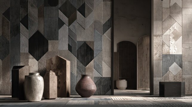 Interior featuring geometric wall tiles and various ceramic vessels in a muted color palette