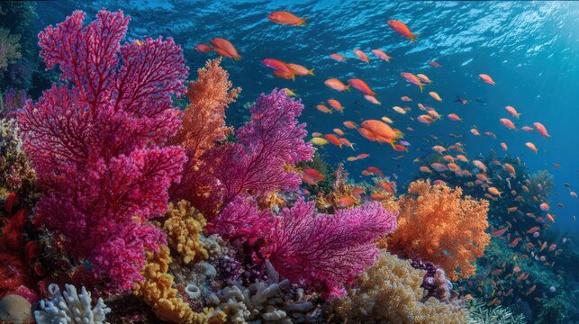 Vibrant coral reef teeming with anthias fish, illuminated by sunlight filtering through