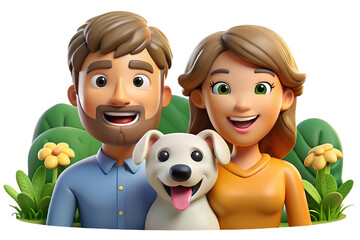 A pixer style 3D cartoon portrait of a smiling couple with dog ,happily family, illustration art ,vector art