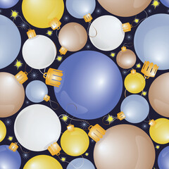 Seamless Christmas vector pattern with colorful holiday balls of different sizes. New Year seamless background with Christmas balls