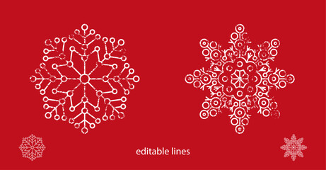 Grunge circle shape snowflake vector illustration on red background. Abstract snow flake star decoration to use for christmas card, xmas, winter holiday, new year projects. 