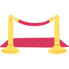 Golden stanchions with plush red velvet rope and carpet creating a VIP entrance barrier on a transparent background