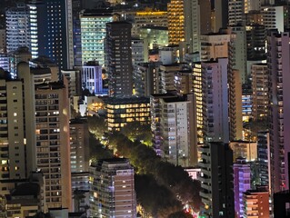 luminous skyline with diverse architecture reflected in tranquil waters during lively nocturnal