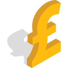 Golden Pound Sterling Symbol with Dark Shadow on White Background 3D Isometric Illustration