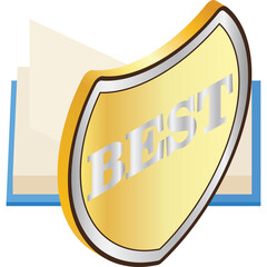 Golden Shield Award With The Word Best in Silver Letters Against An Open Book Backdrop In A Studio Setting Isolated On White