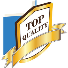 Golden Shield With Text Top Quality And Golden Ribbon On Blue Background And White Abstract Shape