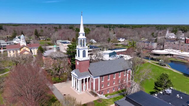 Cole Memorial Chapel aerial view at Wheaton College on E Main Street in historic town center of Norton, Bristol County, Massachusetts MA, USA. 