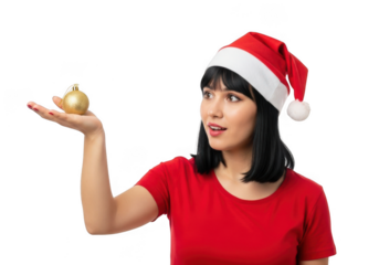 A woman wearing a santa hat and red shirt holding a golden christmas ornament, looking to the side with a surprised expression, isolated on transparent background