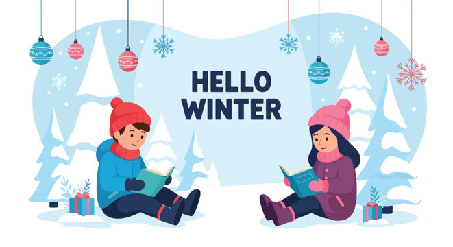 Adobe illustrator artwork vector illustration. Two happy kids reading books in winter, with "Hello Winter" text, snowman, gifts, and decorations