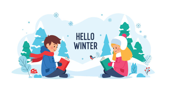 Adobe illustrator artwork vector illustration. Two happy kids reading books in winter, with "Hello Winter" text, snowman, gifts, and decorations