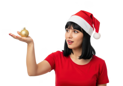A woman wearing a santa hat and red shirt holding a golden christmas ornament, looking to the side with a surprised expression, isolated on transparent background