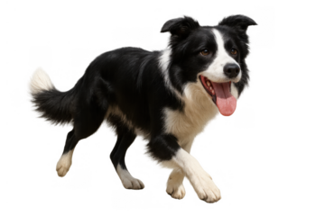 Border collie dog running with happy expression, alert and playful pet, black and white fur, transparent background