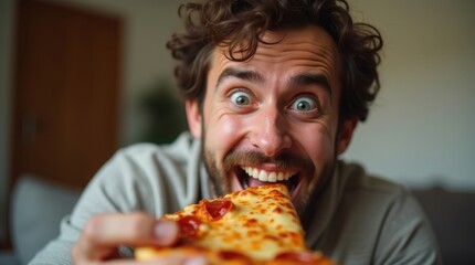 Retrato de un hombre emocionado sosteniendo una gran rebanada de pizza cerca de su boca