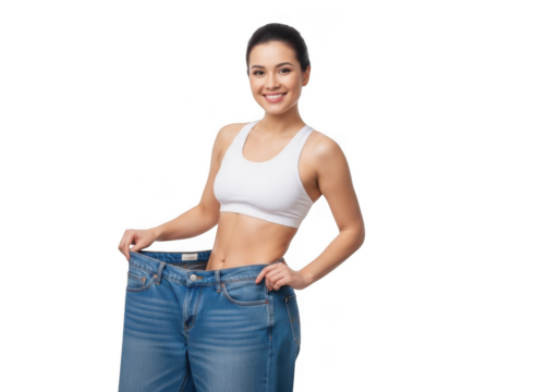 A slim woman in a sports bra and jeans, holding up her loose pants to show weight loss, smiling confidently, isolated on transparent background