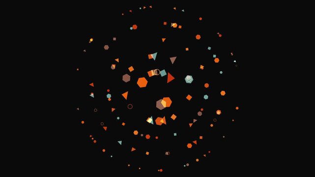 Abstract digital art featuring a dark background with scattered geometric shapes in orange, teal, and brown hues, arranged in a circular pattern