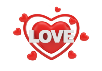 A red heart shape with the word love in white 3d letters, surrounded by smaller red hearts, isolated on transparent background