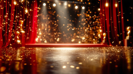Golden confetti falling on luxury award stage with red curtains and warm spotlight bokeh for celebration ceremony background