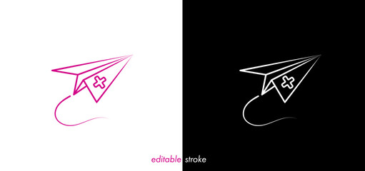 Abstract editable stroke medical paper plane with medical cross. Creative line art medical icon to use for health industry, emergency, medical business, hospital, health science projects. 