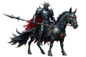 Dark Knight, on Black Horse with Red Eyes and Spear, cutout, PNG, isolated on transparent background, AI