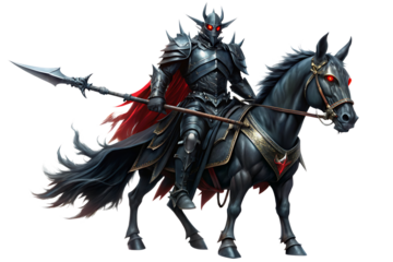 Dark Knight, on Black Horse with Red Eyes and Spear, cutout, PNG, isolated on transparent background, AI