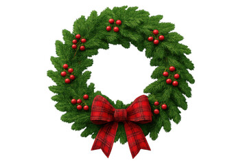 Christmas wreath featuring evergreen branches, bright red berries, and a festive plaid bow. Transparent background