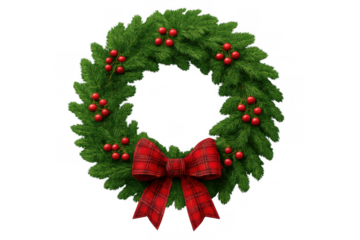 Christmas wreath featuring evergreen branches, bright red berries, and a festive plaid bow. Transparent background