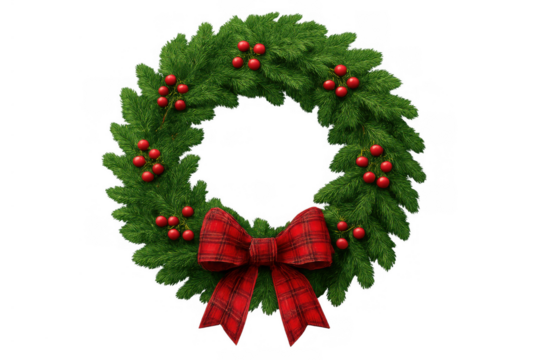 Christmas wreath featuring evergreen branches, bright red berries, and a festive plaid bow. Transparent background - Powered by Adobe