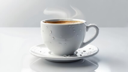 Fototapeta premium Steaming hot coffee in a white ceramic cup and saucer on a reflective surface.