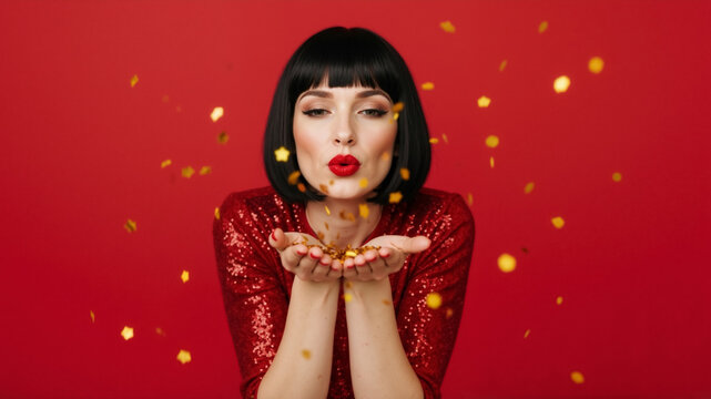 Stylish woman in a red sequin dress blowing gold confetti. Festive party and holiday celebration on a red background. New Year's Eve concept - Powered by Adobe