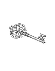 Ornate antique key with intricate scrollwork on the bow and a detailed bit on a black background