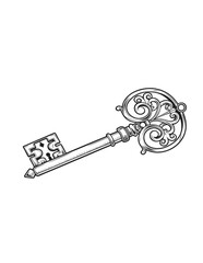 Ornate antique key with intricate scrollwork on the bow and a detailed bit against a black background