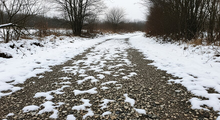 Snow-covered gravel path surrounded by winter landscape and leafless trees. This serene scene captures the peaceful essence of a snowy day on a winding gravel path.