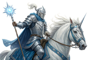 Silver Knight, on White Unicorn with Crystal Staff, cutout, PNG, isolated on transparent background, AI