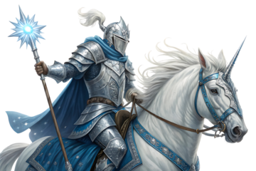 Silver Knight, on White Unicorn with Crystal Staff, cutout, PNG, isolated on transparent background, AI
