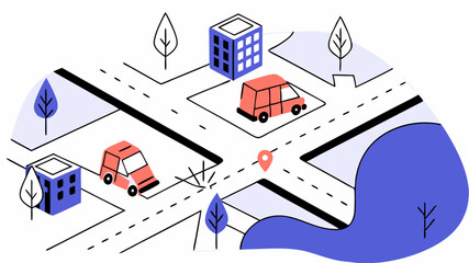 An aerial view of a city affected by a natural disaster showcasing emergency evacuation routes marked with bright indicators and the movement of rescue vehicles.