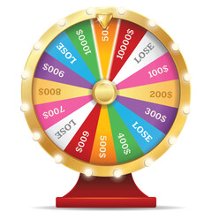 Golden Wheel of Fortune Game with Colorful Segments Featuring Money Amounts and Lose Zones Illuminated by Bright Lights