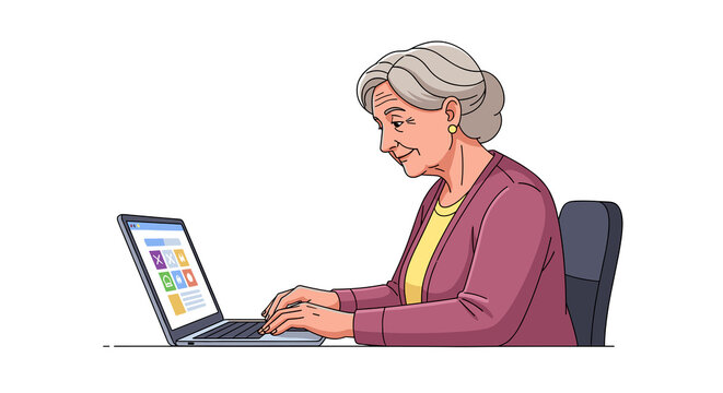 Senior woman learning computer and using laptop while sitting at desk in home office  