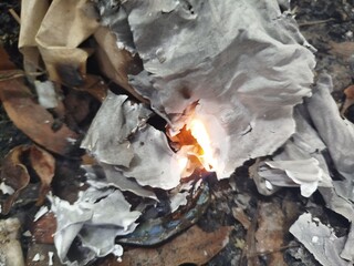 ​This is a close-up, high-contrast photograph showing a piece of paper actively burning, surrounded by ash and debris on the ground.