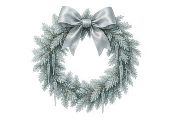 Winter festive wreath decorating with frosted pine branches, silver bow, and glistening icicles, transparent background